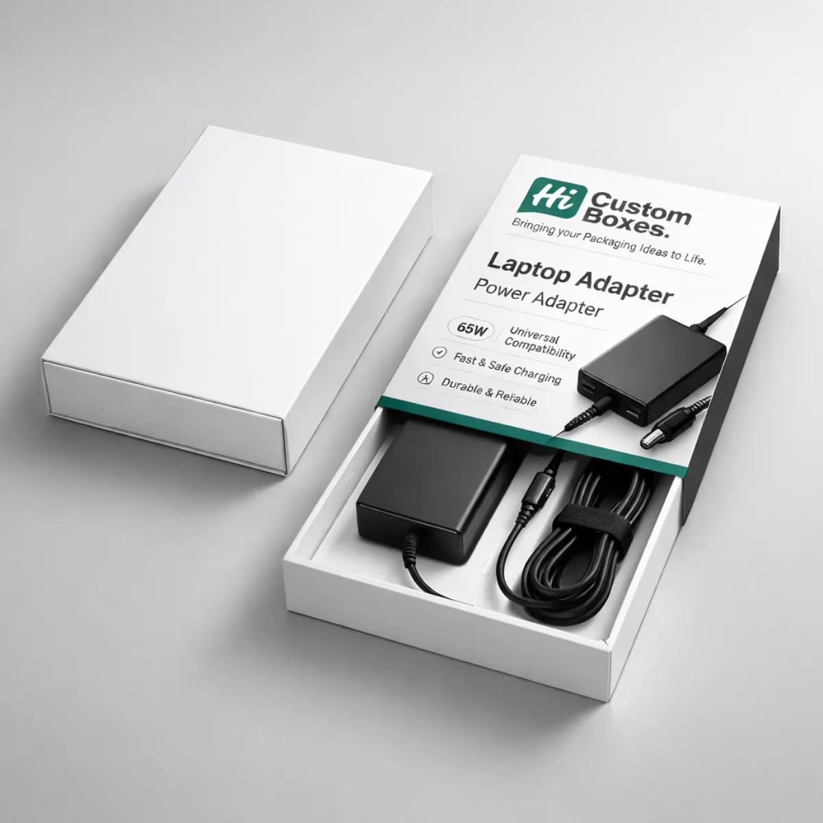 A white slide-out drawer box next to a branded sleeve showing a 65W universal laptop power adapter. class=